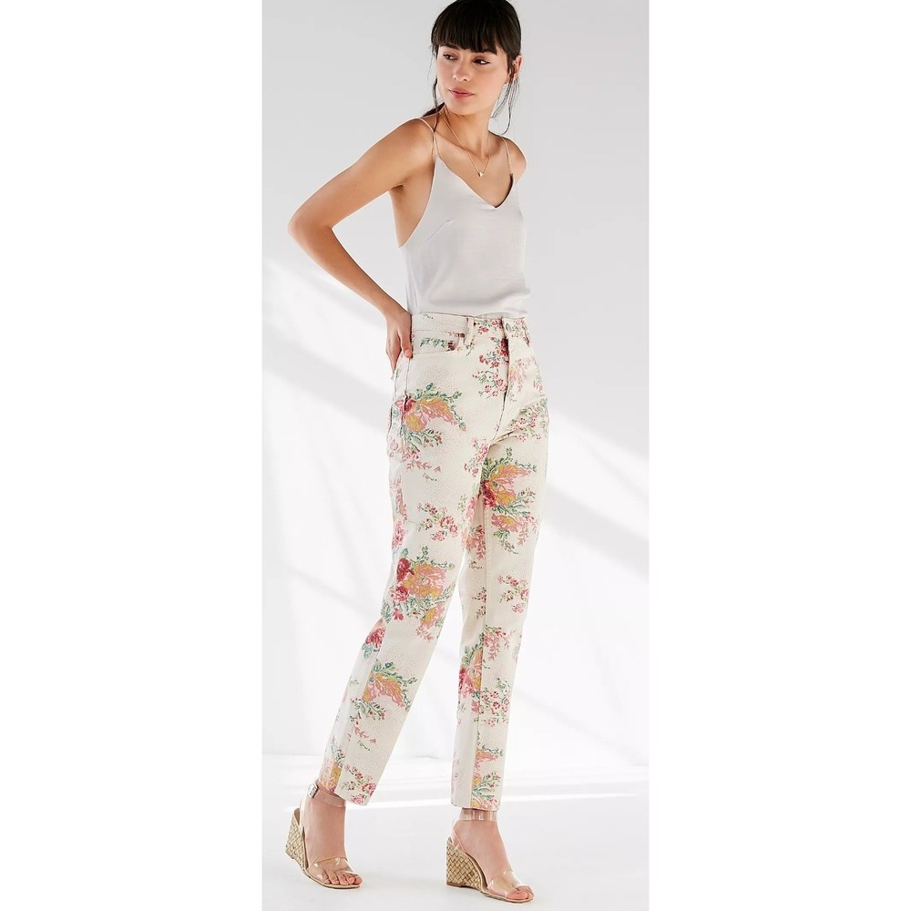 BDG Urban Outfitters High Rise Floral‎ Mom Jeans Womens 27 Pink Rose Print Slim